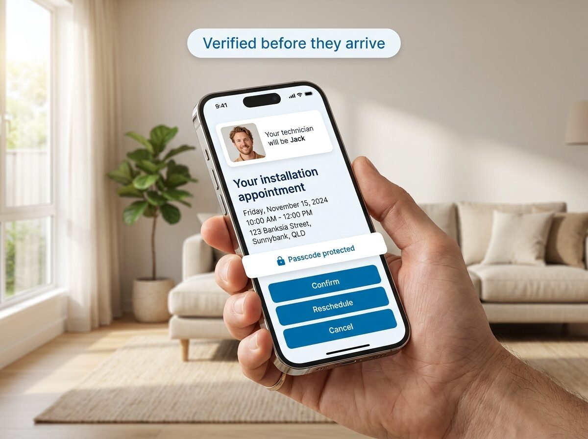 On My Way passcode-protected appointment details for a Foxtel home visit