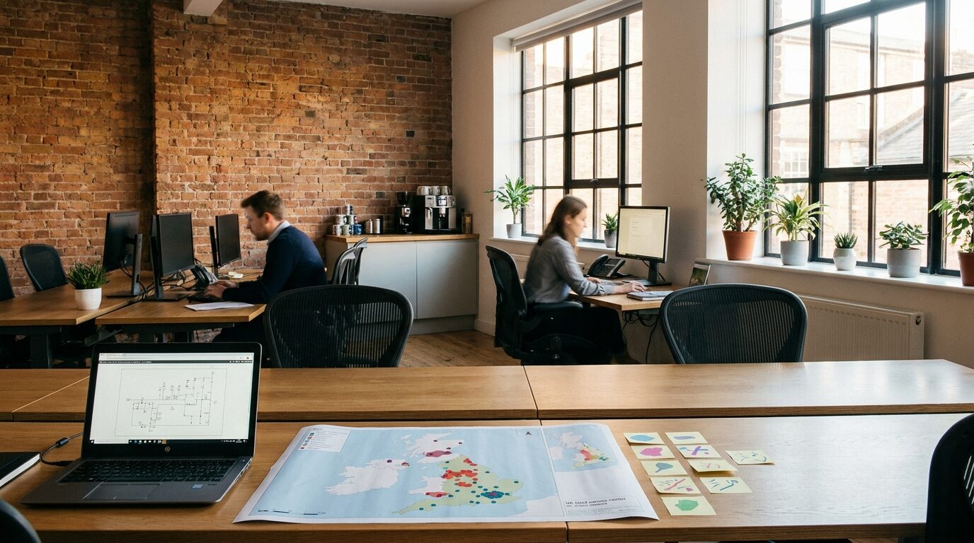 Leadent Digital UK consulting office with field service operations workspace