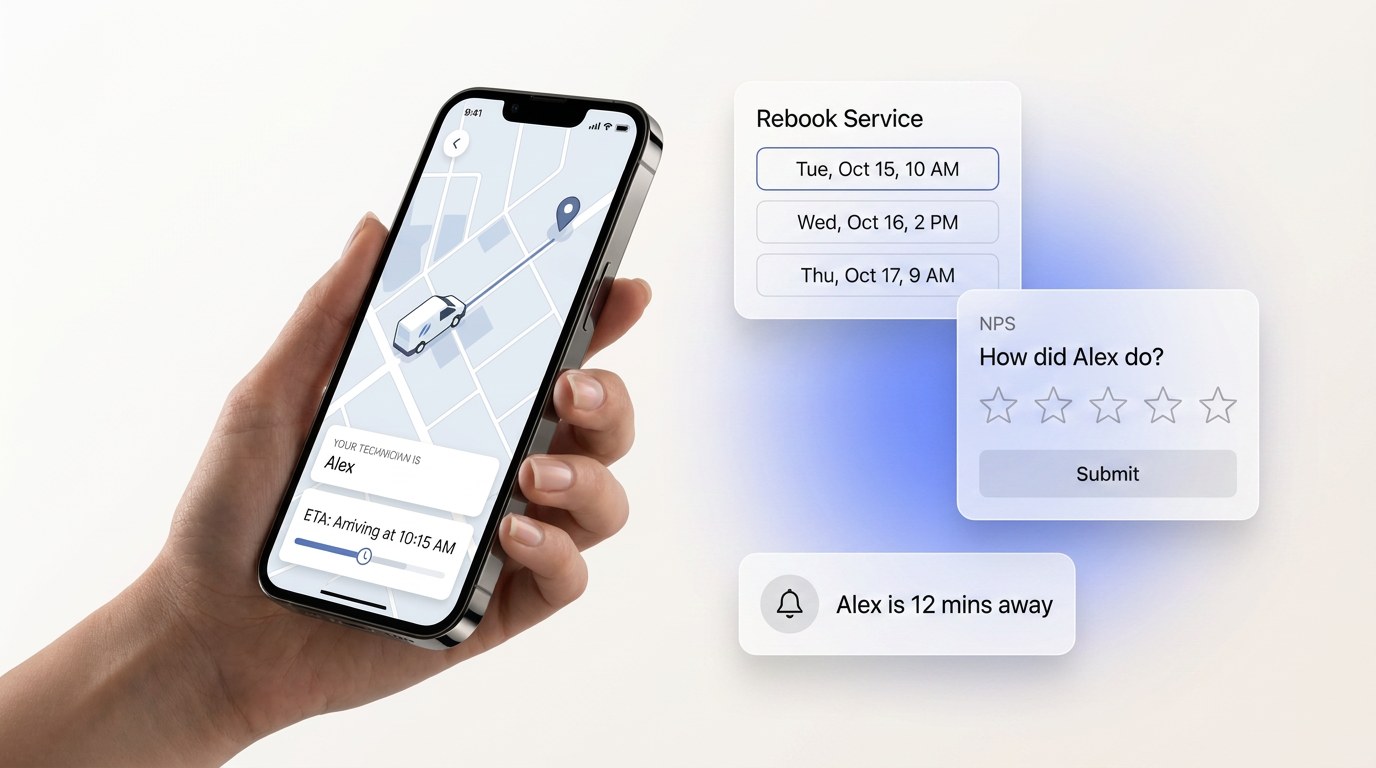 On My Way customer experience platform — phone + floating UI