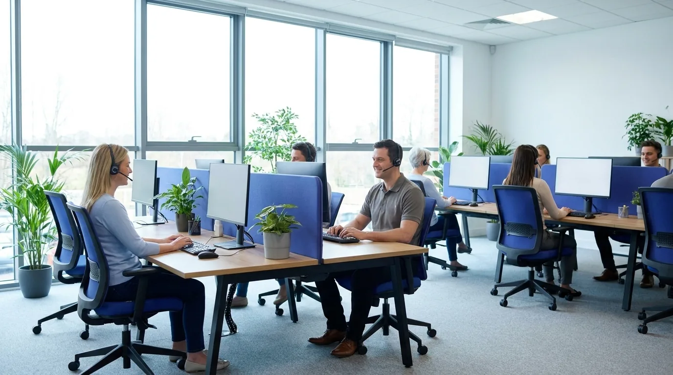 A calm modern UK contact-centre floor with a few agents at headsets