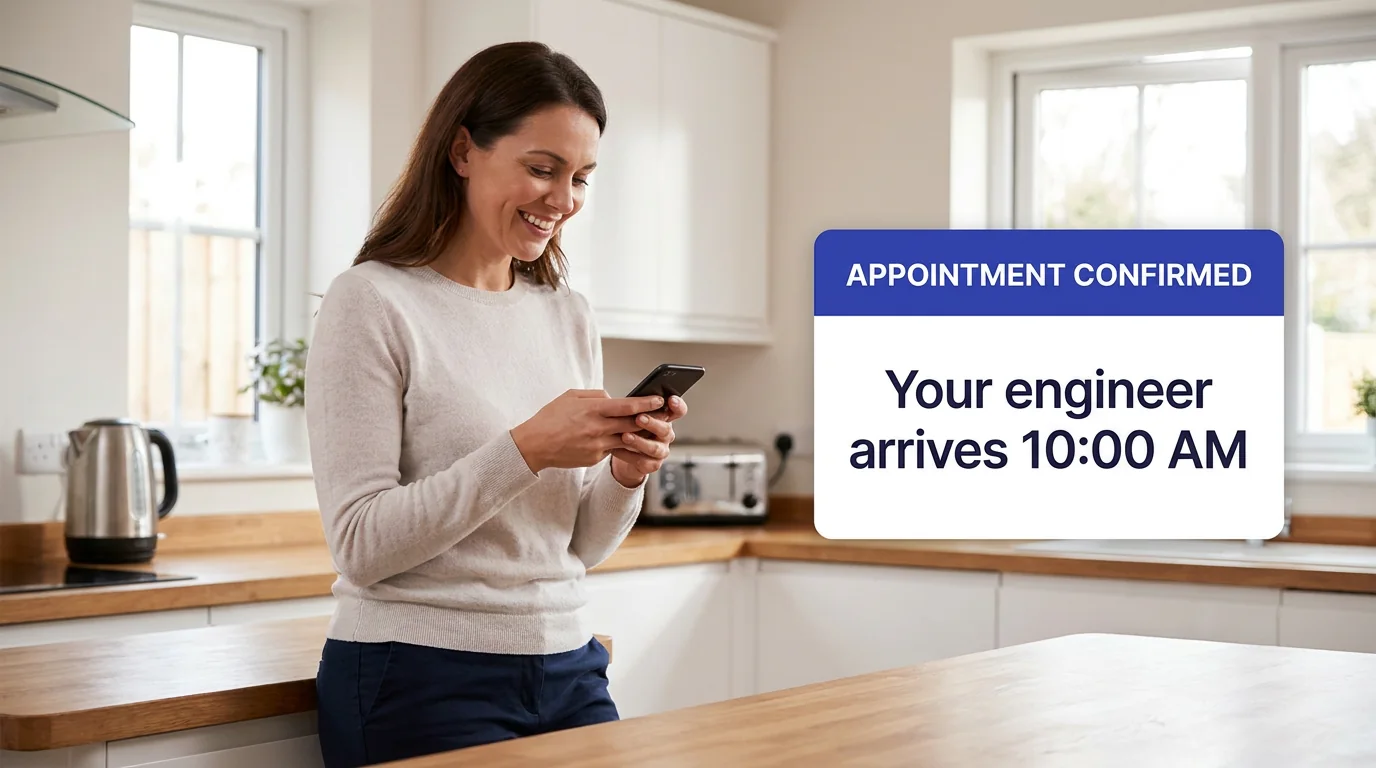 A customer in her kitchen seeing a clear 'Appointment confirmed - your engineer arrives 10:00 AM' notification on her phone