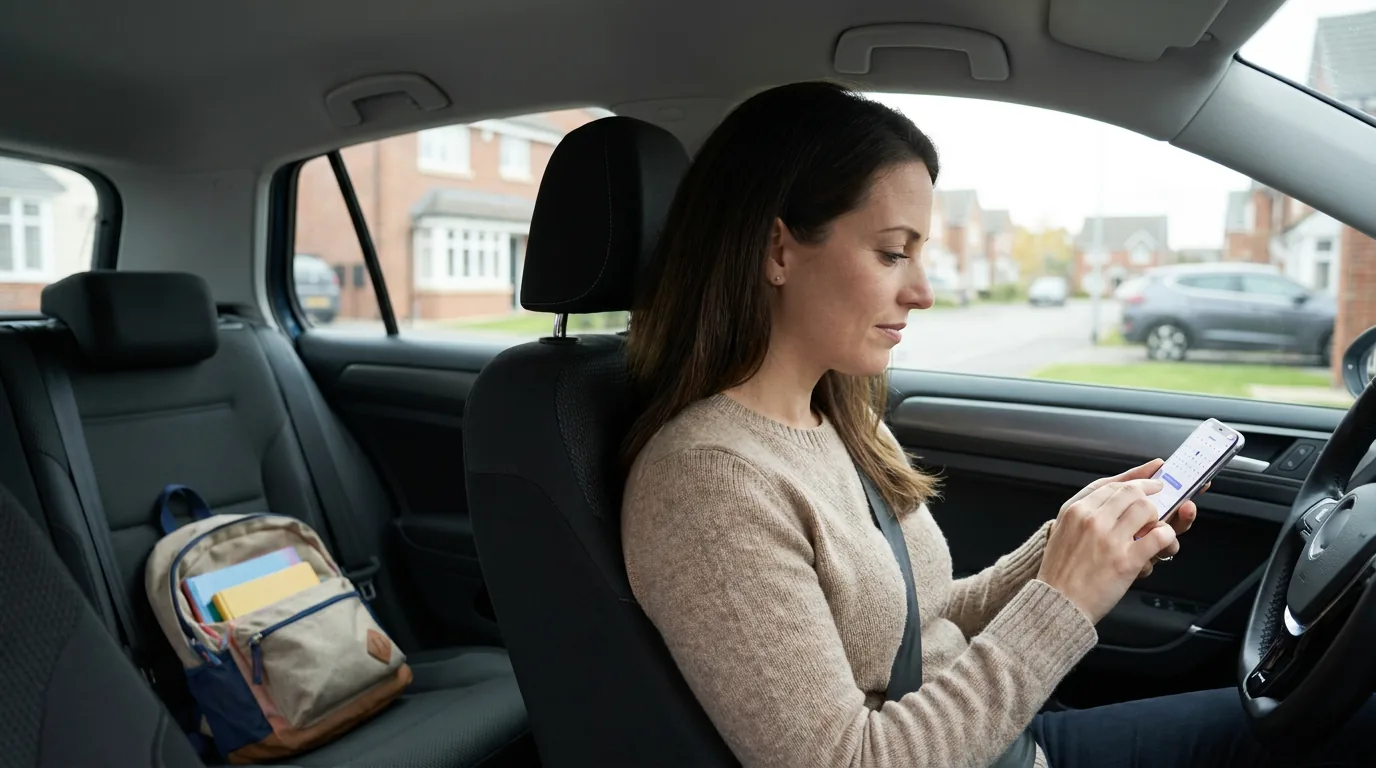 A parent in a parked car checking a phone to reschedule a service appointment