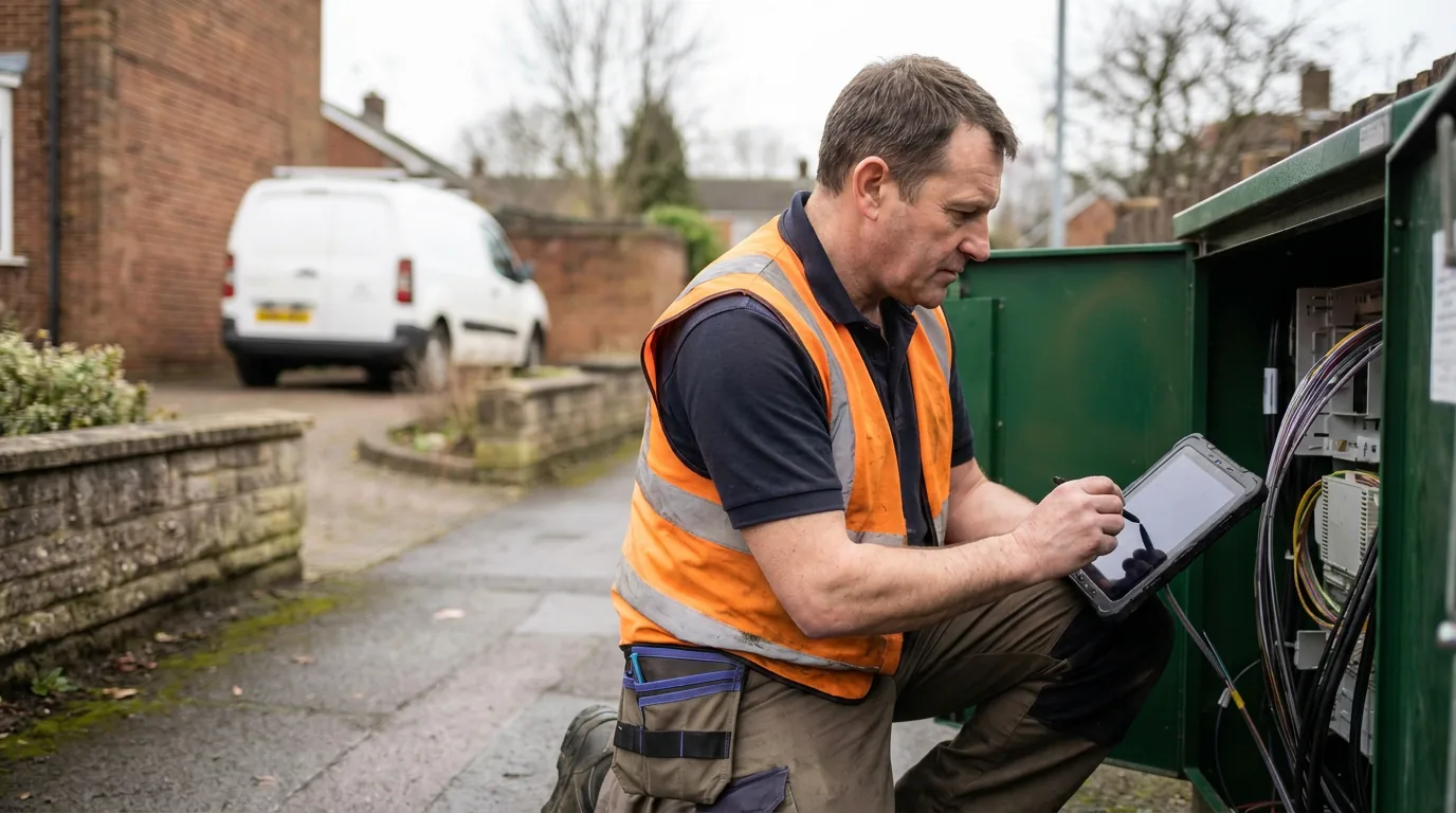 A telecom engineer updating a job on a tablet at a street-side cabinet