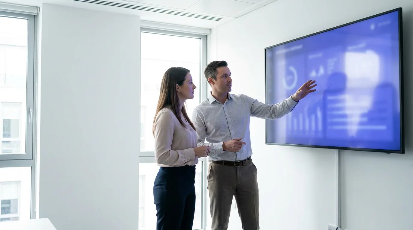 Two facilities managers reviewing a performance dashboard on a wall screen