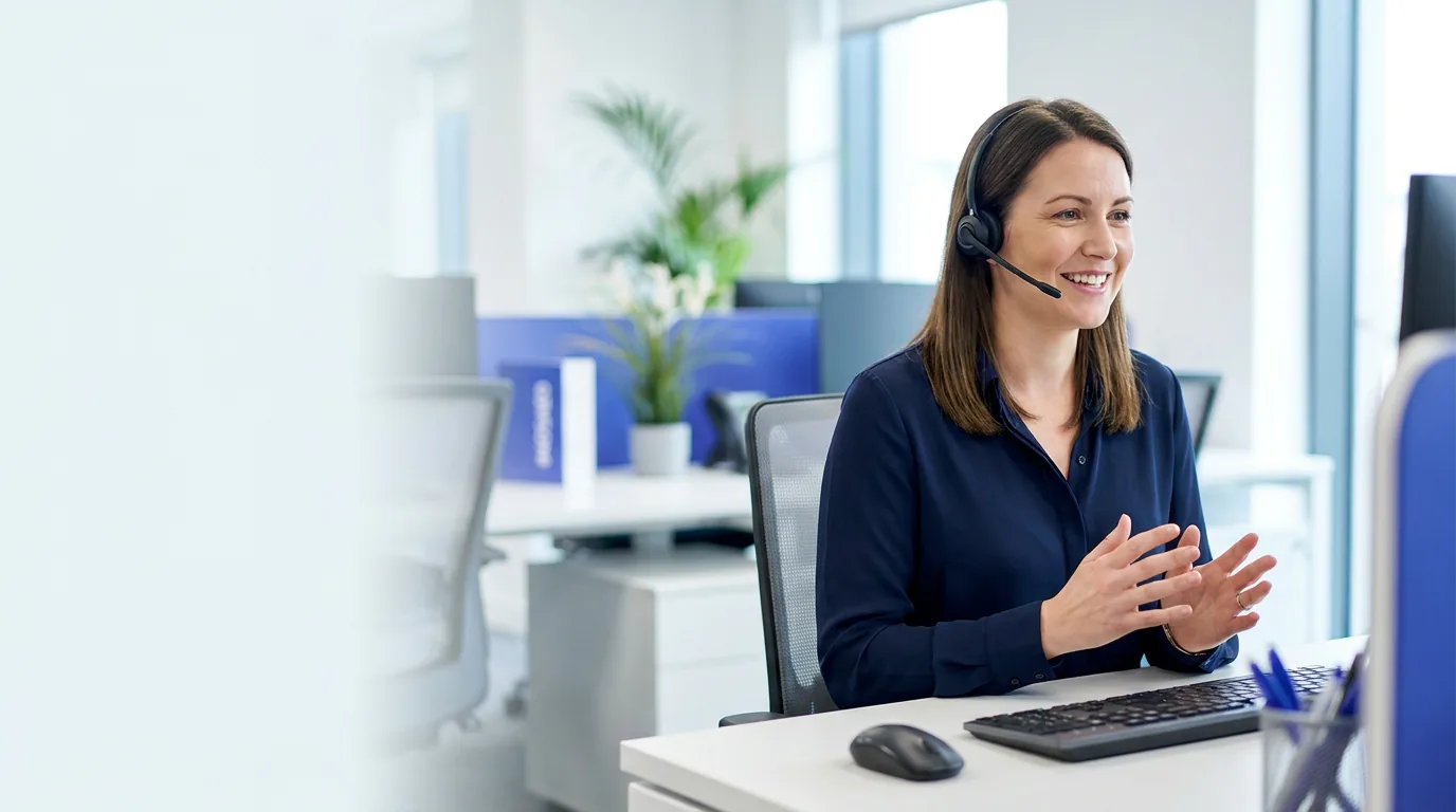 A calm UK contact-centre agent at a headset helping a customer in a modern office