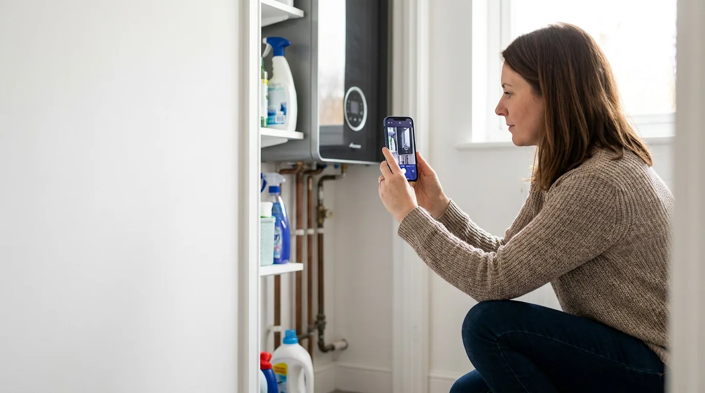 A homeowner photographing their boiler on a phone to send ahead of the engineer visit