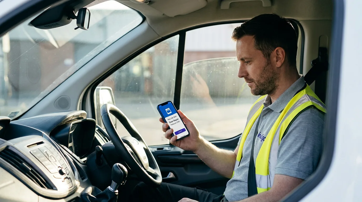 Engineer receiving an automatically dispatched job on a mobile app