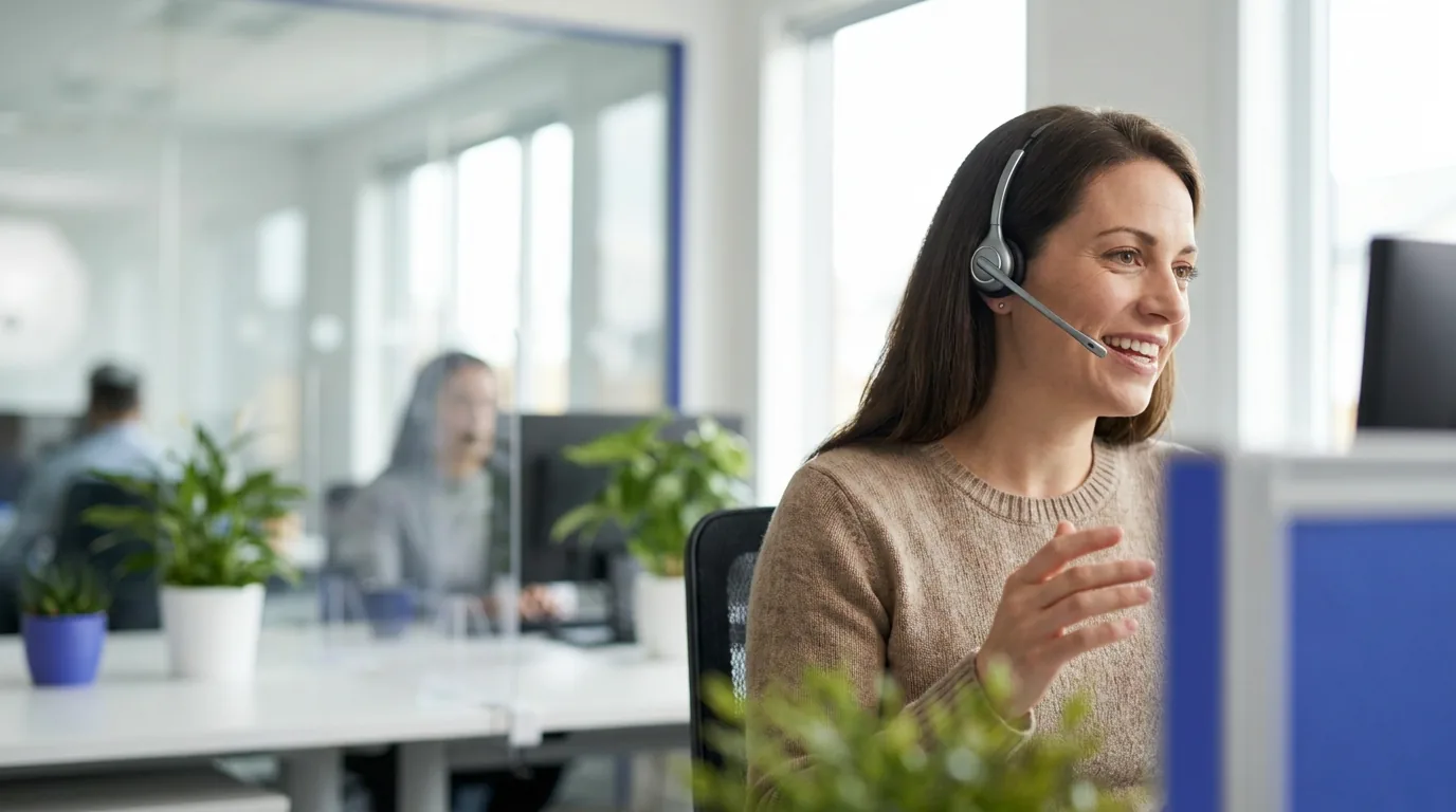 Friendly contact-centre agent helping a customer