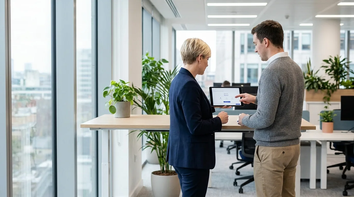 Two colleagues collaborating on a shared tablet in a bright modern office