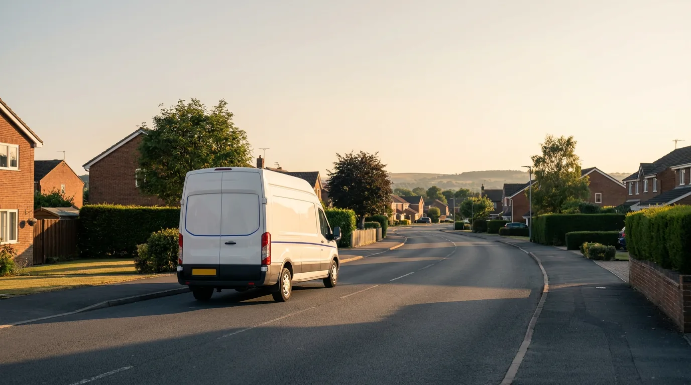 Service van on an optimised route through a UK town at golden hour