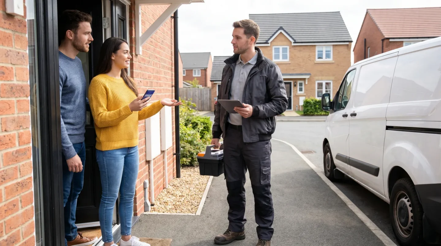 A couple welcoming a field-service engineer at their door
