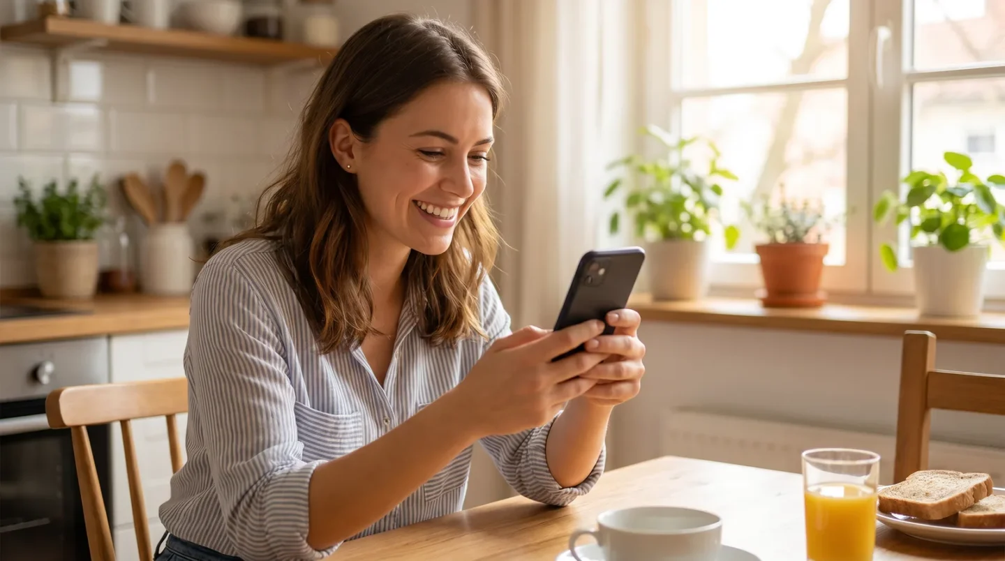 A customer smiling at a personalised service message on a phone