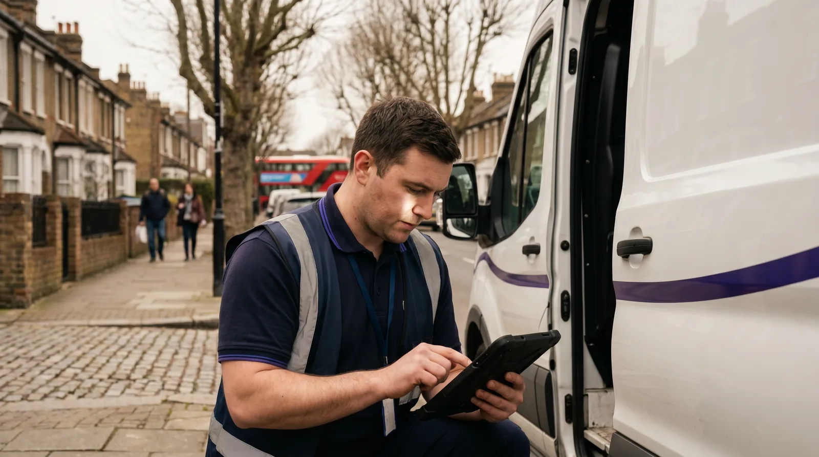 Field engineer updating a job on a tablet beside a branded van