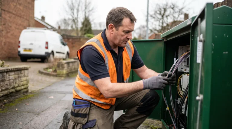 A telecoms field engineer working at a green street fibre cabinet