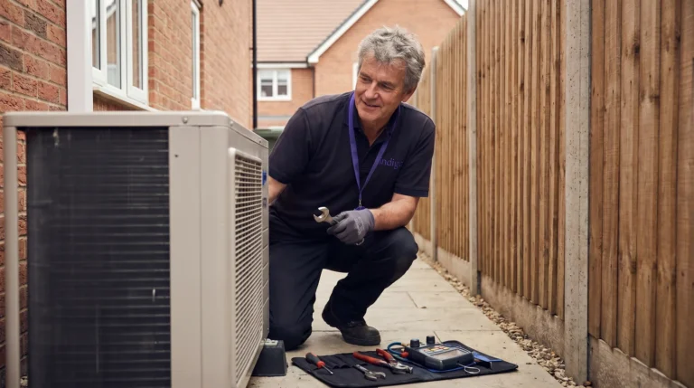 An older HVAC engineer completing a repair at an outdoor condenser unit