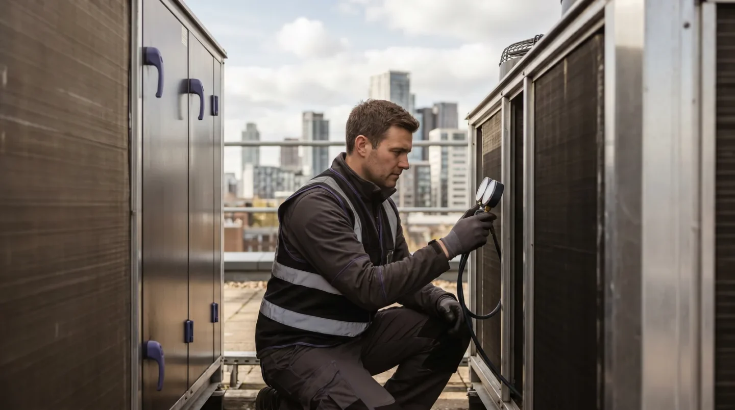 An HVAC engineer servicing a commercial rooftop unit