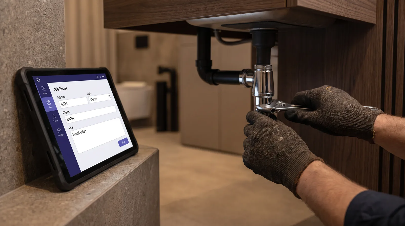 A plumbing engineer with a digital job sheet on a tablet