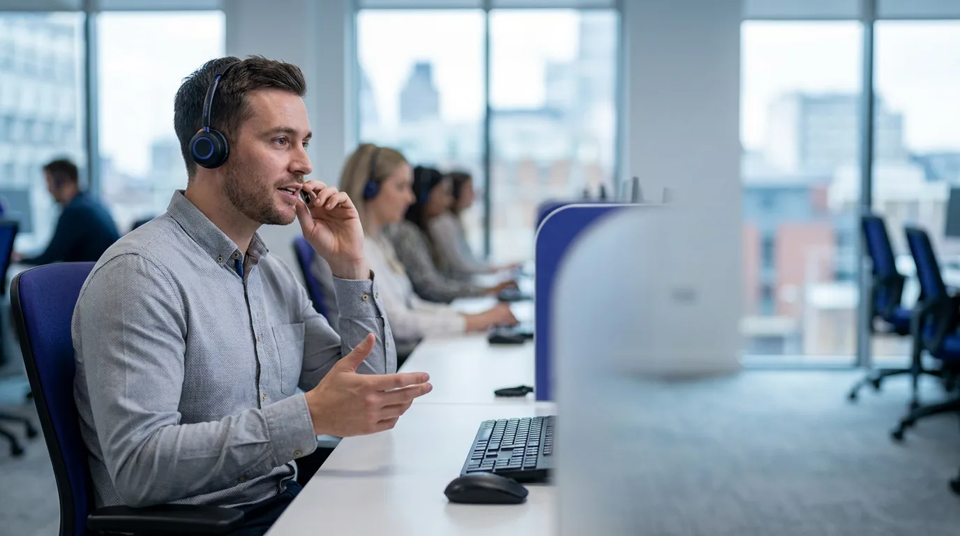 A UK contact-centre agent fielding a customer call in a modern office