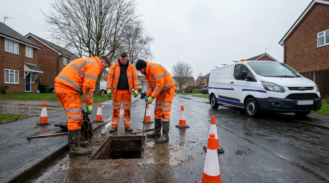 A UK drainage crew working at an open inspection chamber on a wet street