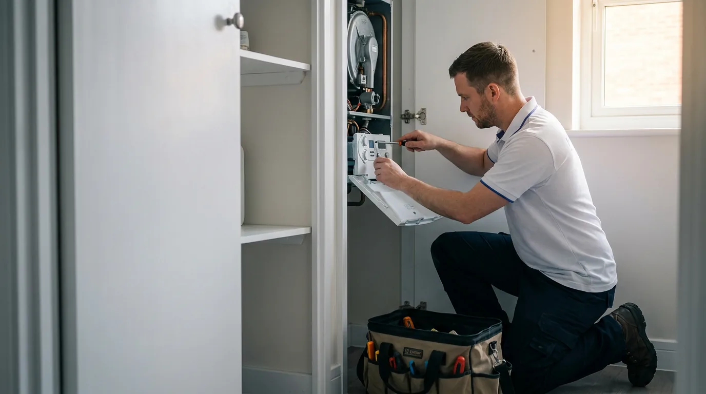 A field engineer working on a boiler in a domestic utility cupboard