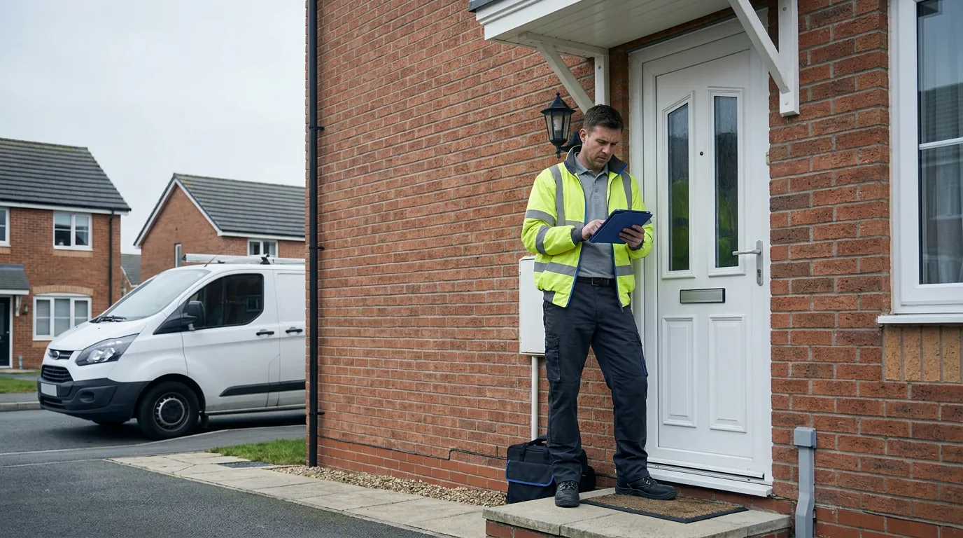 A field engineer at a closed front door with no-one home, a wasted visit