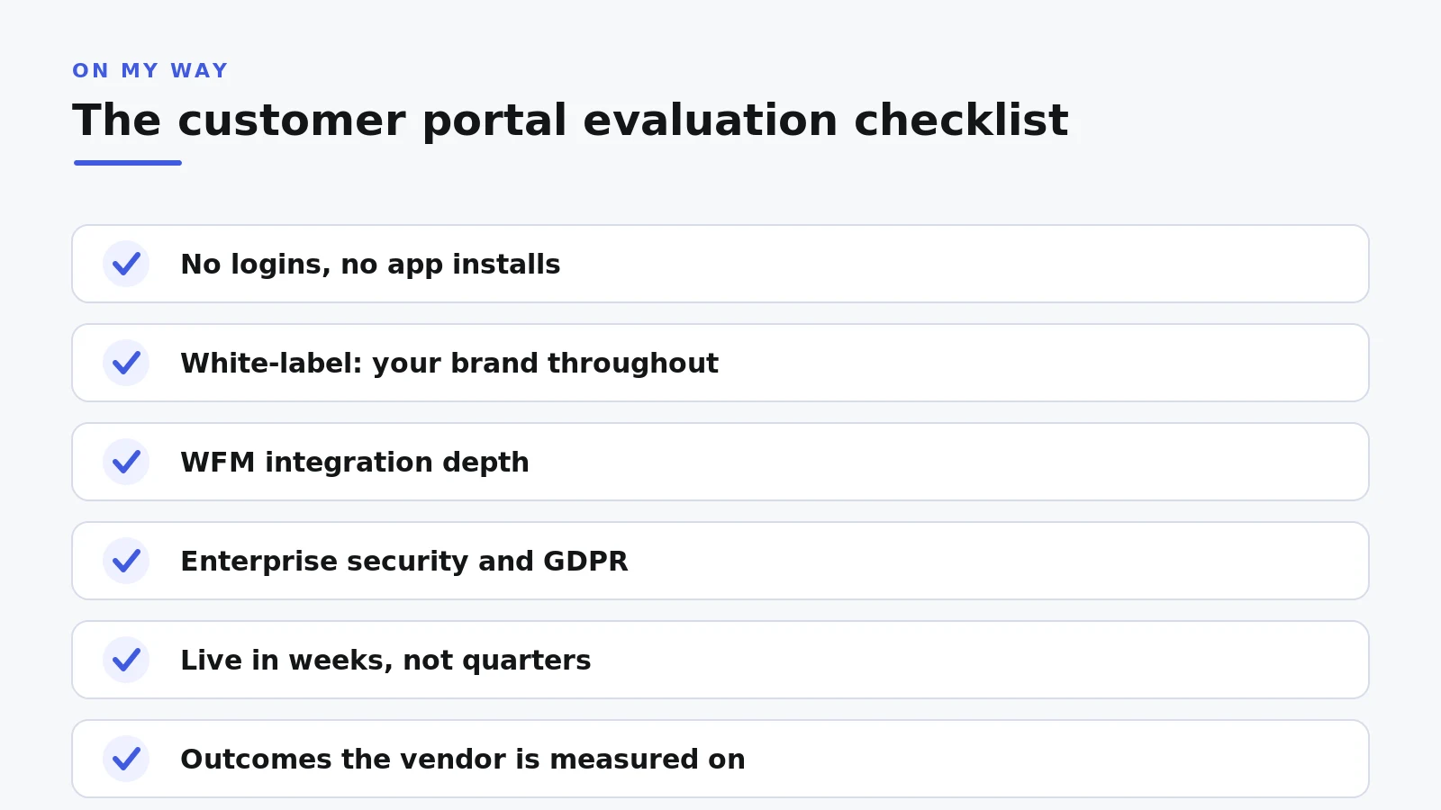 Checklist infographic of six evaluation criteria for field service customer portal software