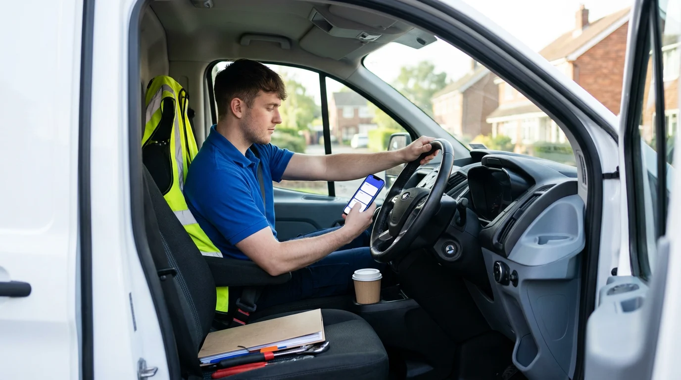 Field service technician between jobs checking the day's job list in a field service app in the van