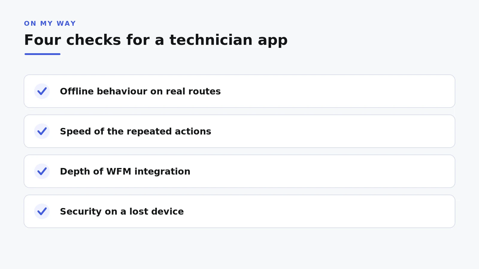 Checklist infographic of four technician app buying checks: offline behaviour, action speed, WFM integration, security