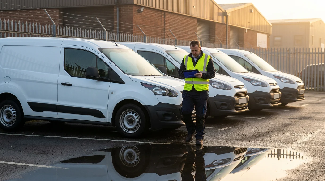 Row of field service vans at a depot at dawn while a fleet manager reviews maintenance and tracking data on a tablet