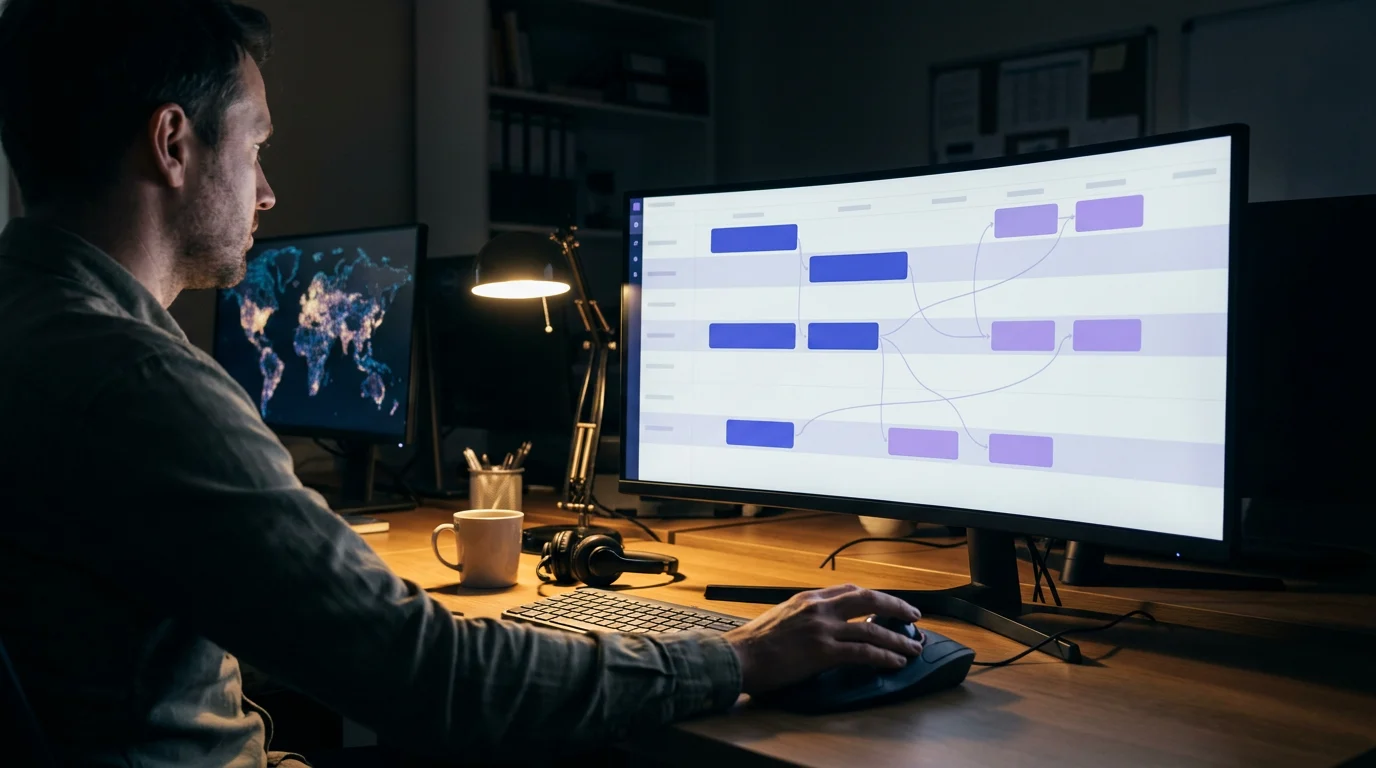 Field service planner reviewing an IFS Cloud schedule while technicians are dispatched across a region