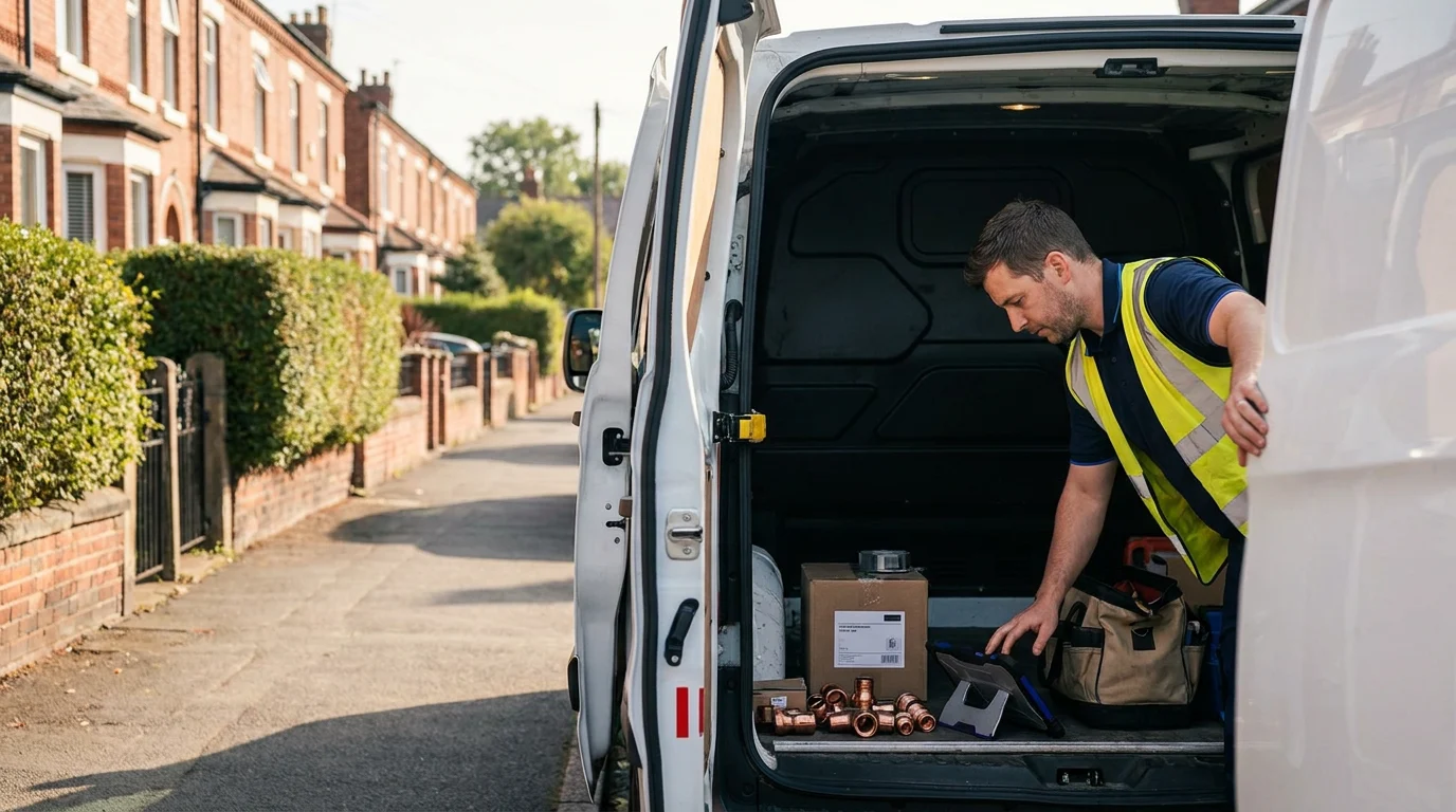 Heating engineer checking job management software for tradesmen on a tablet beside his van