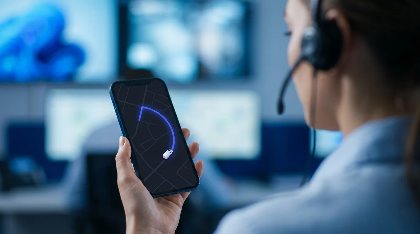 Job tracking software showing live field service jobs on an operations screen beside a customer's phone with technician ETA