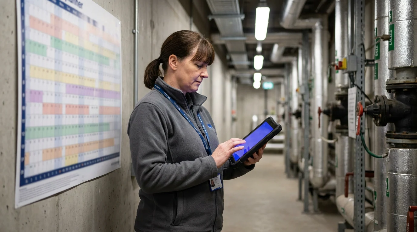Maintenance planner reviewing a PPM software schedule of planned preventive maintenance visits across a multi-site estate