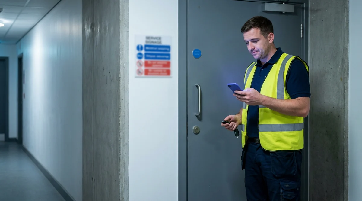 Field engineer arriving at a locked plant room on a planned maintenance visit with no occupant notified