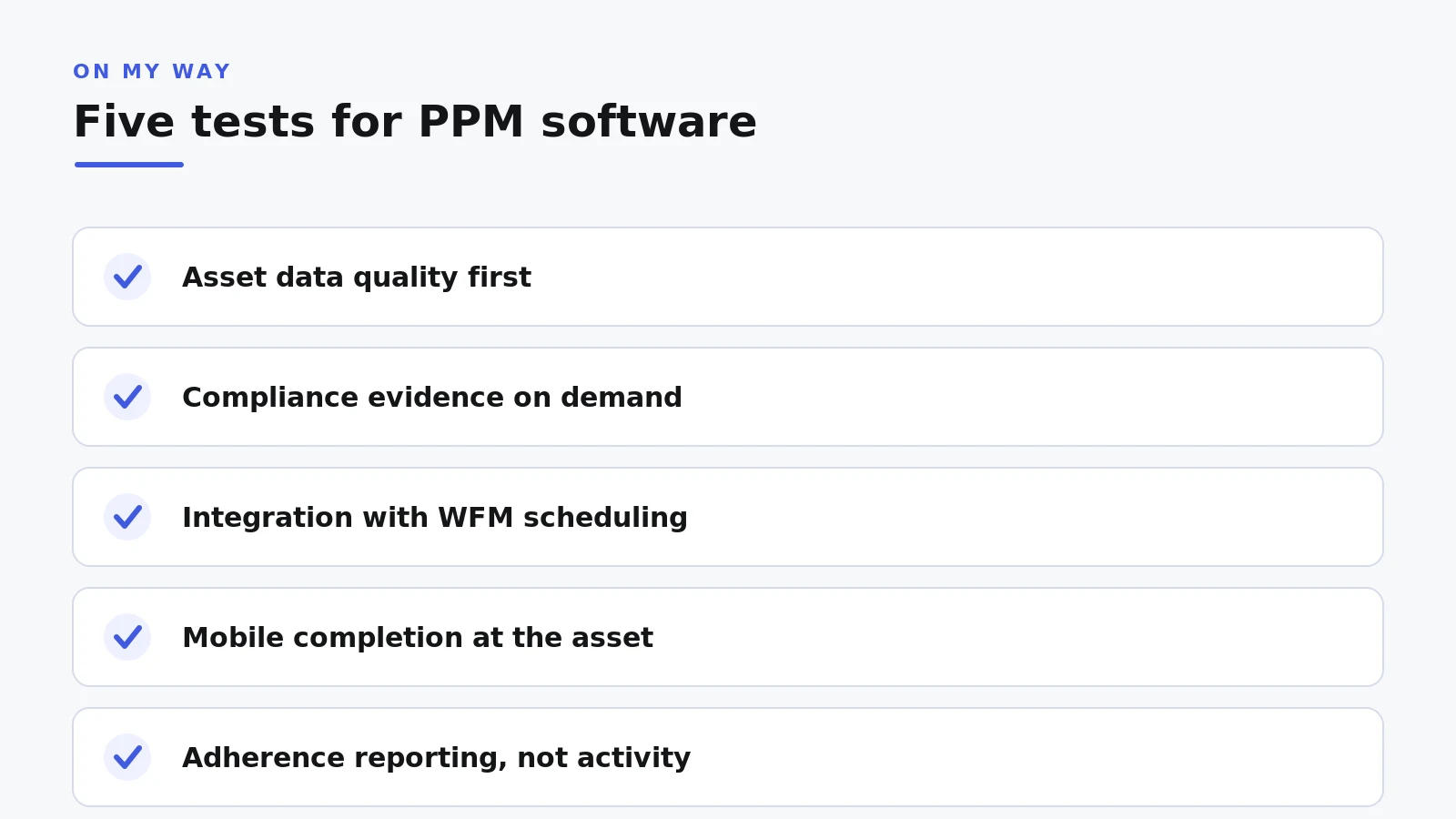 Checklist infographic showing five evaluation tests for selecting PPM software