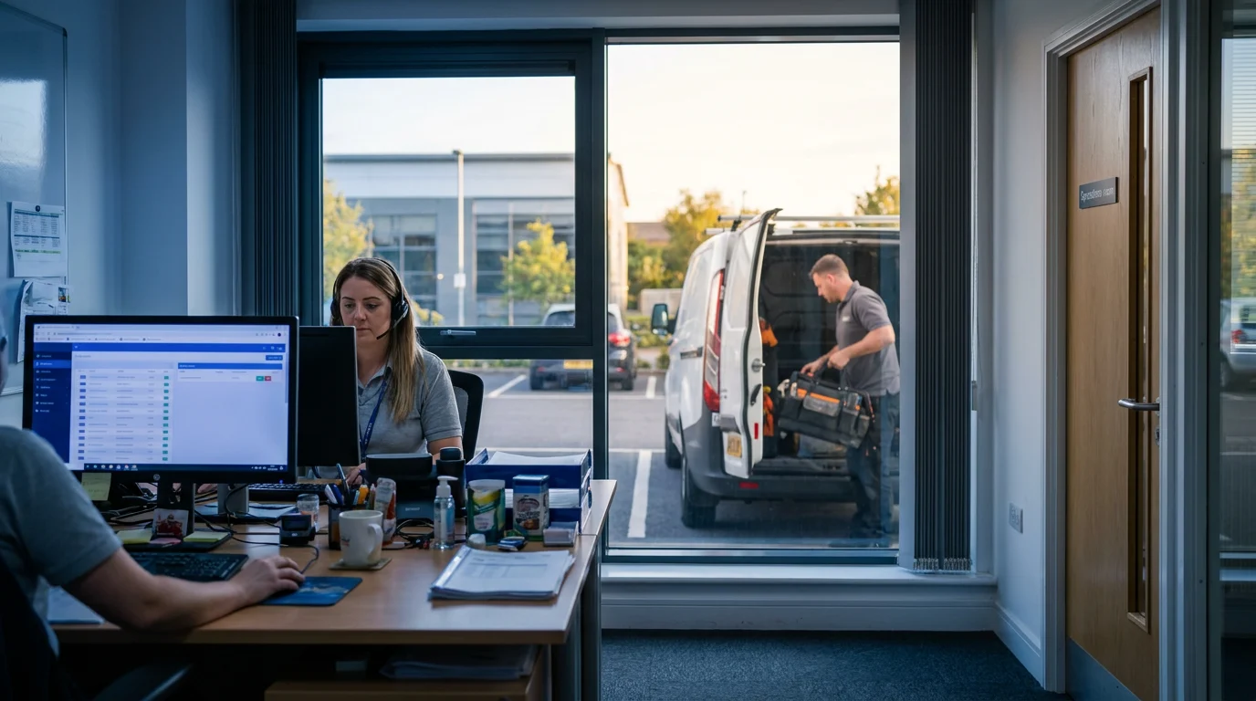 Service desk coordinator at a screen while a field service van departs outside the window, the two halves of service management