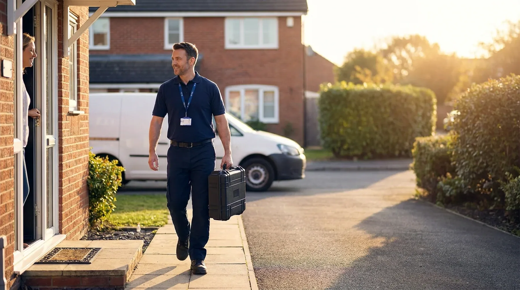 A homeowner greets her field-service engineer as he arrives, tracked live by On My Way